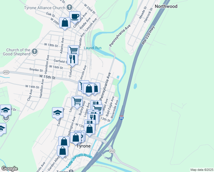 map of restaurants, bars, coffee shops, grocery stores, and more near 2 East 15th Street in Tyrone