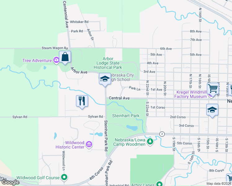 map of restaurants, bars, coffee shops, grocery stores, and more near 2410 Central Avenue in Nebraska City