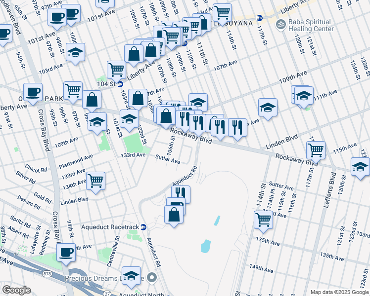 map of restaurants, bars, coffee shops, grocery stores, and more near 11049 108th Street in Queens