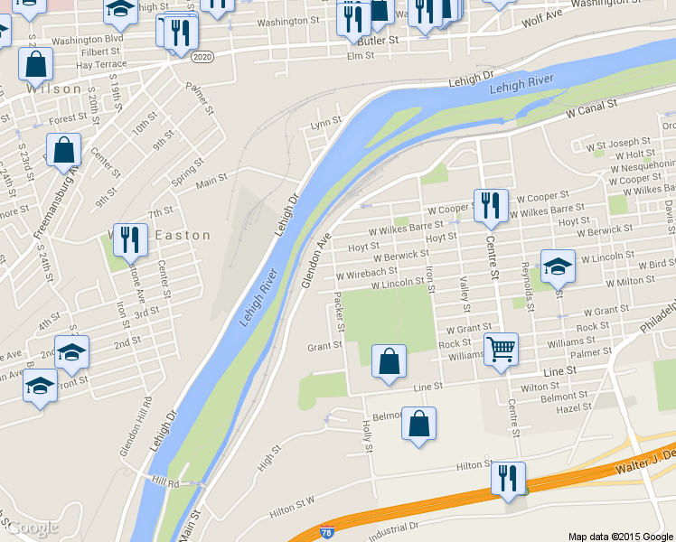 map of restaurants, bars, coffee shops, grocery stores, and more near 1098 West Berwick Street in Easton