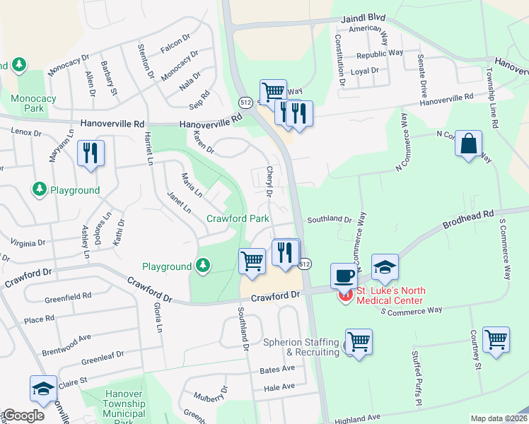 map of restaurants, bars, coffee shops, grocery stores, and more near 4621 Cheryl Drive in Bethlehem