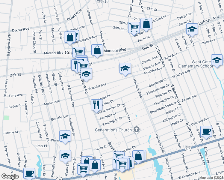 map of restaurants, bars, coffee shops, grocery stores, and more near 85 Copiague Place in Copiague