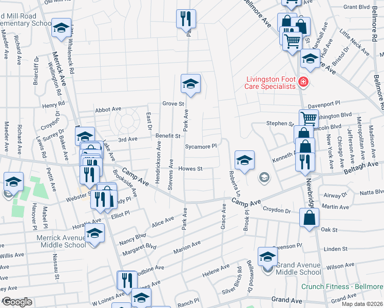 map of restaurants, bars, coffee shops, grocery stores, and more near 282 Park Avenue in Merrick