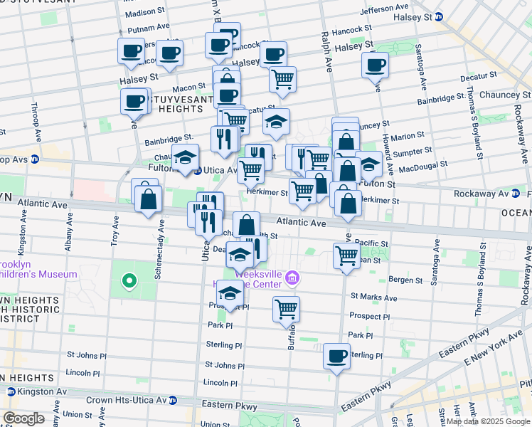 map of restaurants, bars, coffee shops, grocery stores, and more near 65 Rochester Avenue in Brooklyn