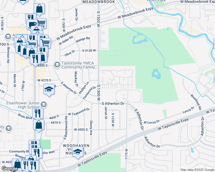 map of restaurants, bars, coffee shops, grocery stores, and more near 4307 South Haverford Court in Taylorsville
