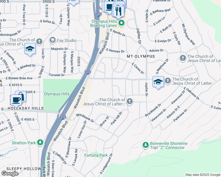 map of restaurants, bars, coffee shops, grocery stores, and more near 4330 South Diana Way in Salt Lake City