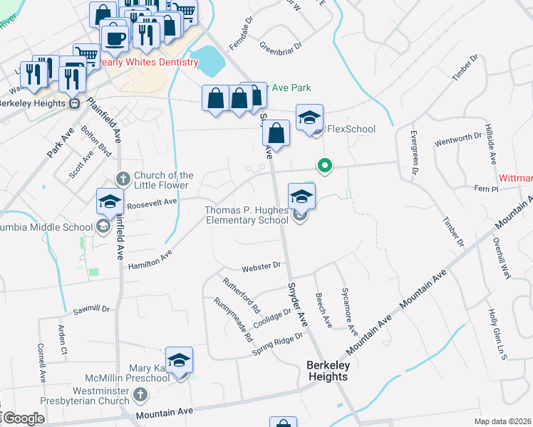 map of restaurants, bars, coffee shops, grocery stores, and more near 24 Wilson Drive in Berkeley Heights