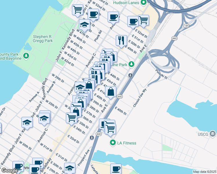 map of restaurants, bars, coffee shops, grocery stores, and more near 46 East 42nd Street in Bayonne