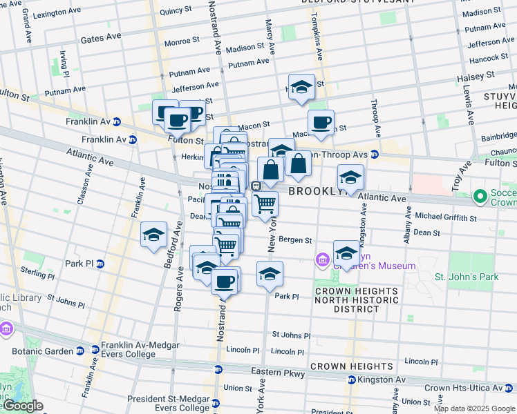 map of restaurants, bars, coffee shops, grocery stores, and more near 1296 Pacific Street in Brooklyn