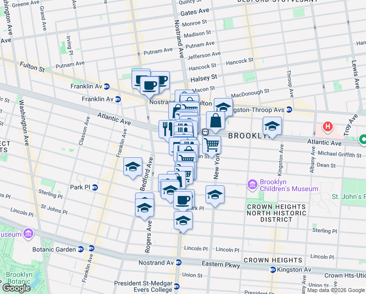map of restaurants, bars, coffee shops, grocery stores, and more near 1250 Pacific Street in Brooklyn