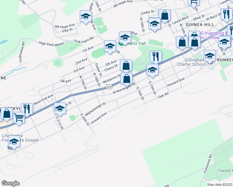 map of restaurants, bars, coffee shops, grocery stores, and more near 1727 West Norwegian Street in Pottsville