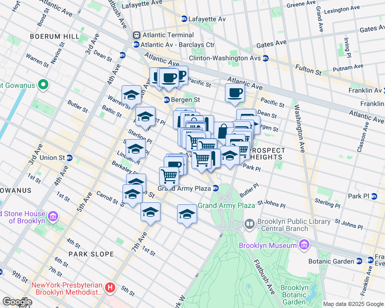 map of restaurants, bars, coffee shops, grocery stores, and more near 164 Park Place in Brooklyn