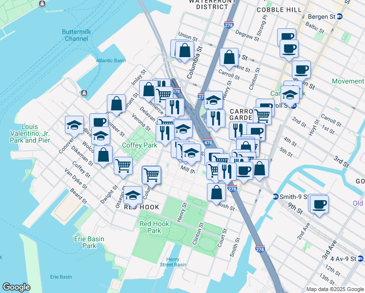 map of restaurants, bars, coffee shops, grocery stores, and more near 56 Huntington Street in Brooklyn