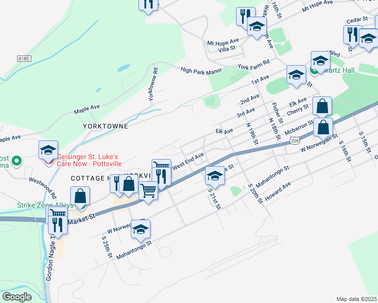 map of restaurants, bars, coffee shops, grocery stores, and more near 2084 King Avenue in Pottsville