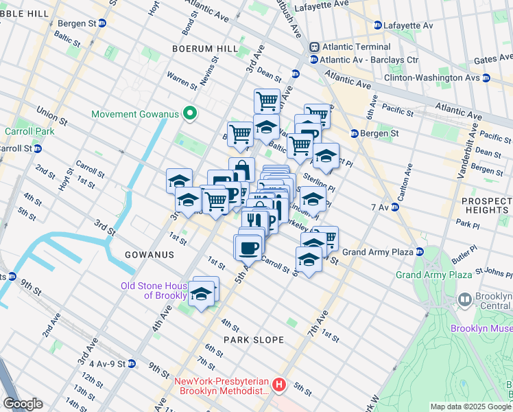 map of restaurants, bars, coffee shops, grocery stores, and more near 208 5th Avenue in Brooklyn