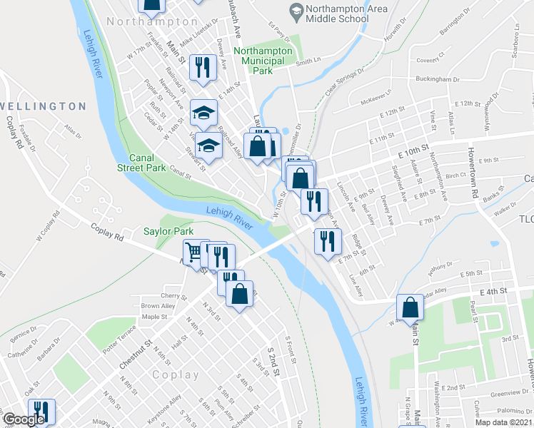 map of restaurants, bars, coffee shops, grocery stores, and more near 1021 Canal Street in Northampton