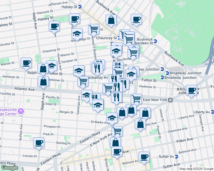 map of restaurants, bars, coffee shops, grocery stores, and more near 1244 Herkimer Street in Brooklyn