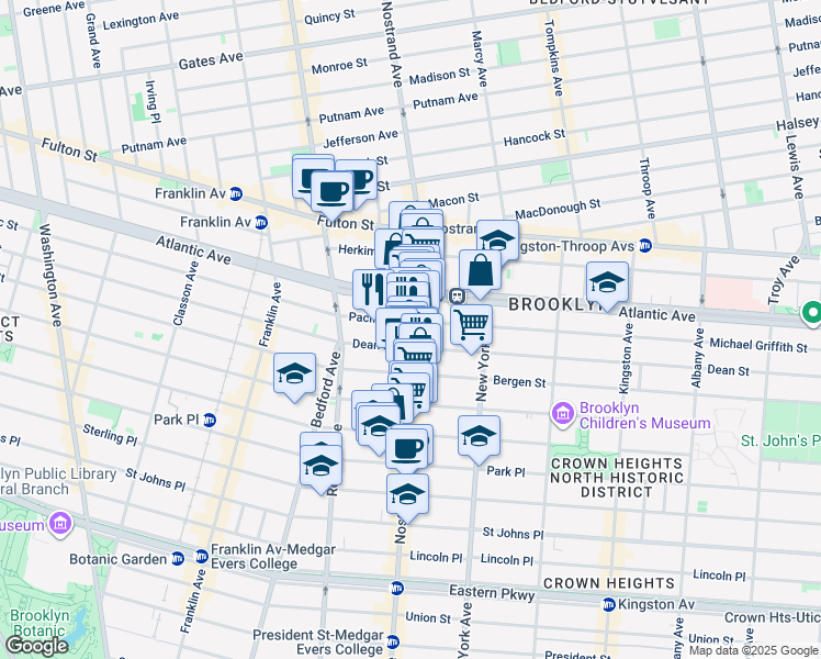 map of restaurants, bars, coffee shops, grocery stores, and more near 628 Nostrand Avenue in Brooklyn