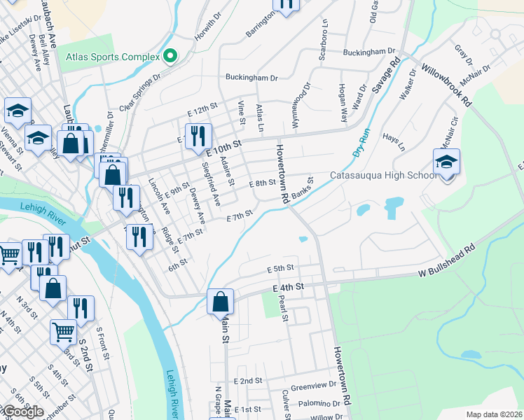 map of restaurants, bars, coffee shops, grocery stores, and more near 566 East 7th Street in Northampton