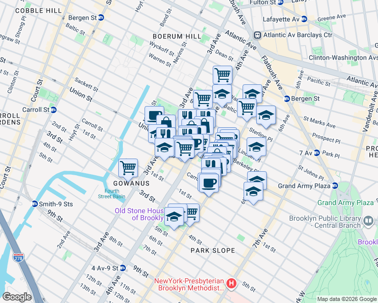 map of restaurants, bars, coffee shops, grocery stores, and more near 620 Union Street in Brooklyn