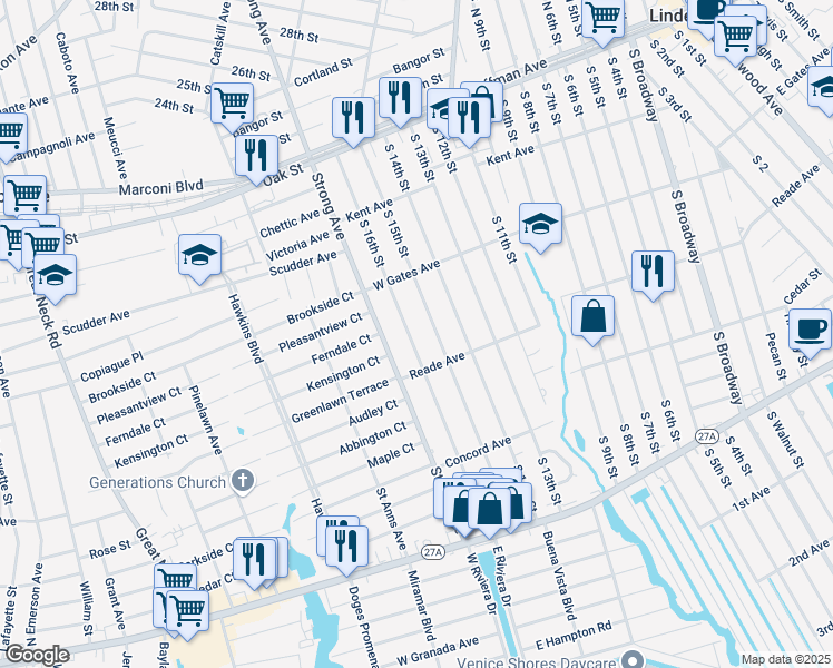 map of restaurants, bars, coffee shops, grocery stores, and more near 375 South 16th Street in Lindenhurst