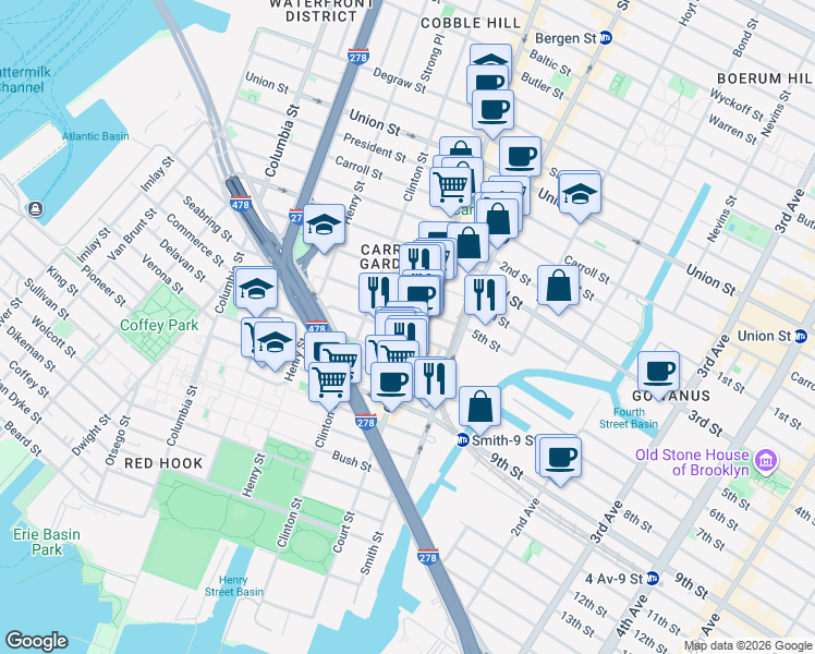 map of restaurants, bars, coffee shops, grocery stores, and more near 496 Court Street in Brooklyn