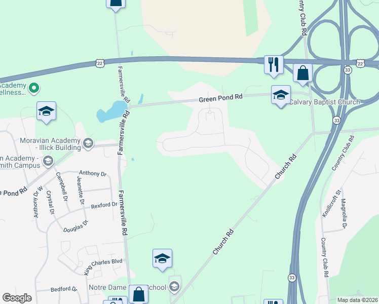 map of restaurants, bars, coffee shops, grocery stores, and more near 3604 Farmersville Road in Easton