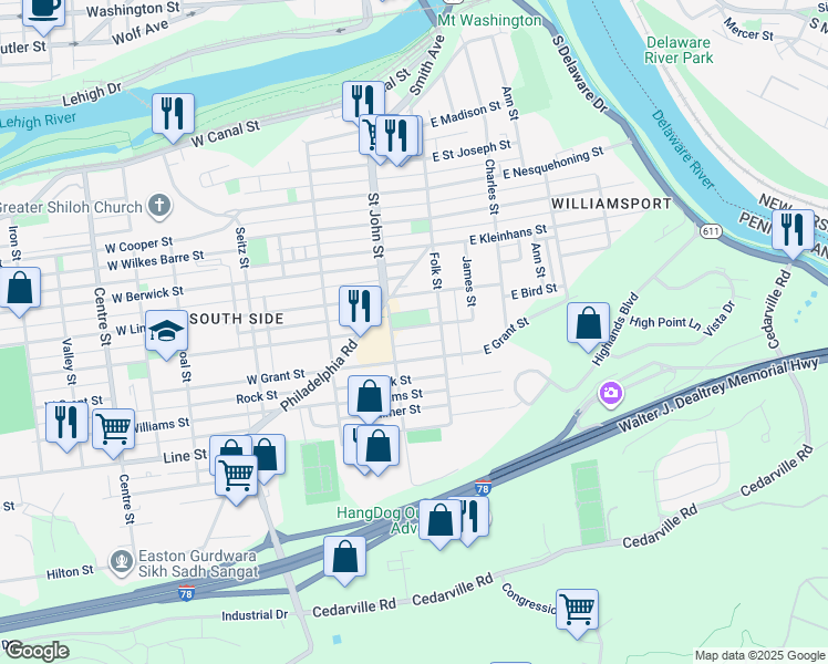 map of restaurants, bars, coffee shops, grocery stores, and more near 136 West Milton Street in Easton