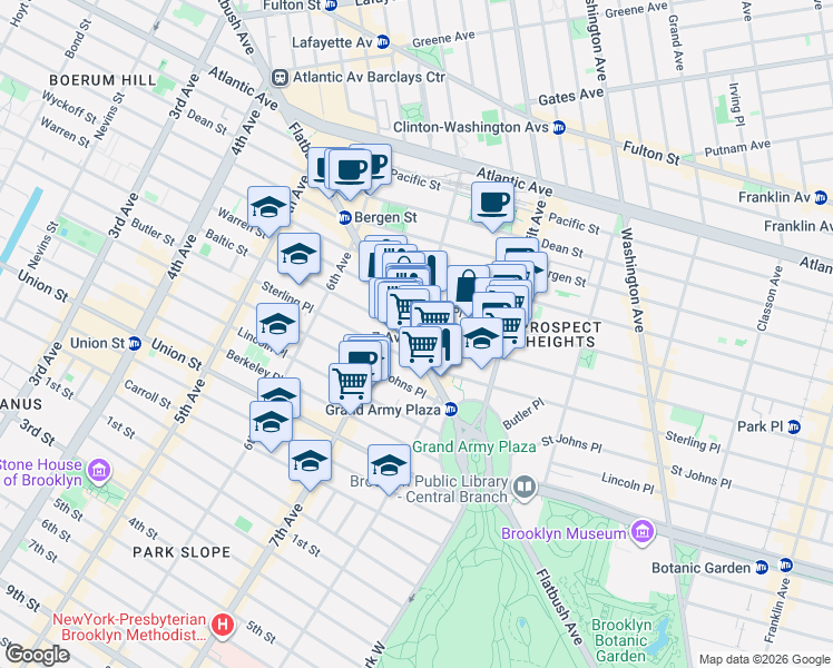 map of restaurants, bars, coffee shops, grocery stores, and more near Park Pl & Carlton Ave in Brooklyn