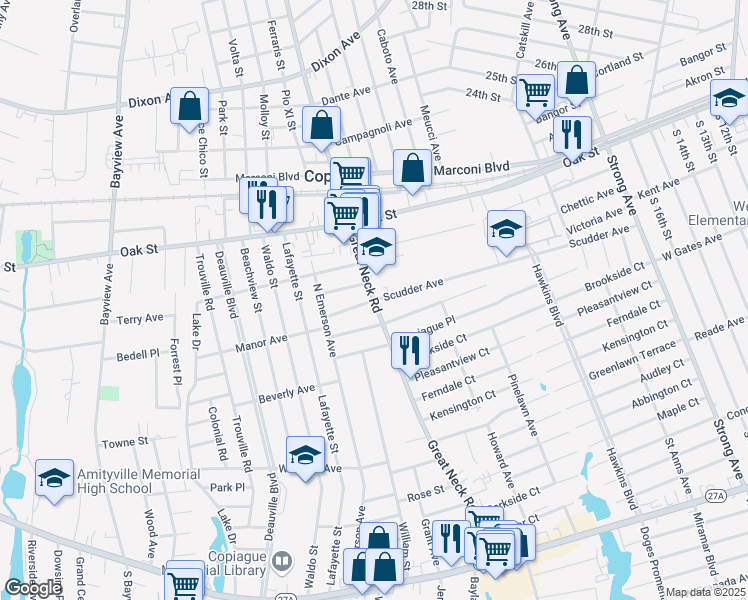map of restaurants, bars, coffee shops, grocery stores, and more near 1400 Great Neck Road in Copiague