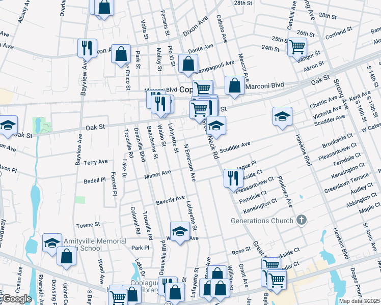 map of restaurants, bars, coffee shops, grocery stores, and more near 300 Lafayette Street in Copiague