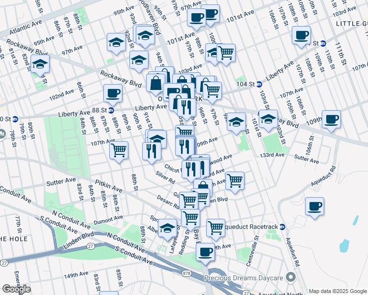 map of restaurants, bars, coffee shops, grocery stores, and more near 107-45 93rd Street in Queens