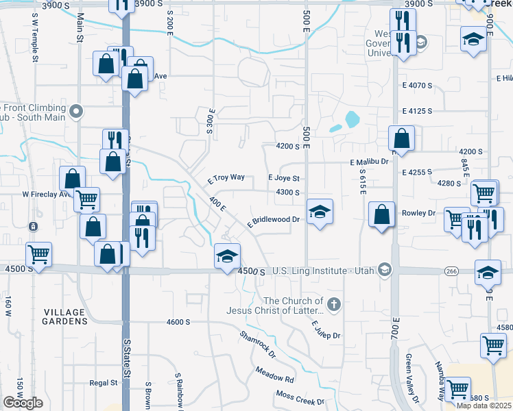 map of restaurants, bars, coffee shops, grocery stores, and more near 4342 South 390 East in Murray
