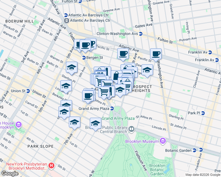 map of restaurants, bars, coffee shops, grocery stores, and more near 189 Park Place in Brooklyn