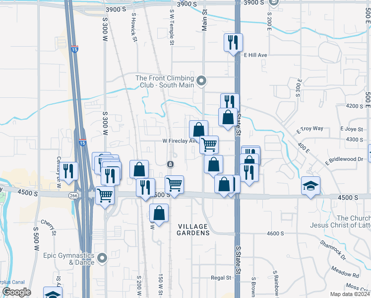 map of restaurants, bars, coffee shops, grocery stores, and more near 4350 South Main Street in Murray