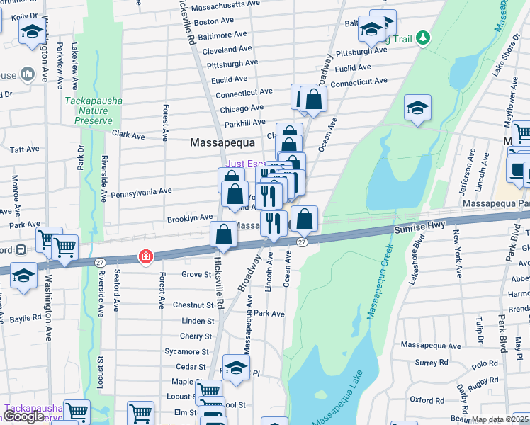 map of restaurants, bars, coffee shops, grocery stores, and more near 20 Central Avenue in Massapequa