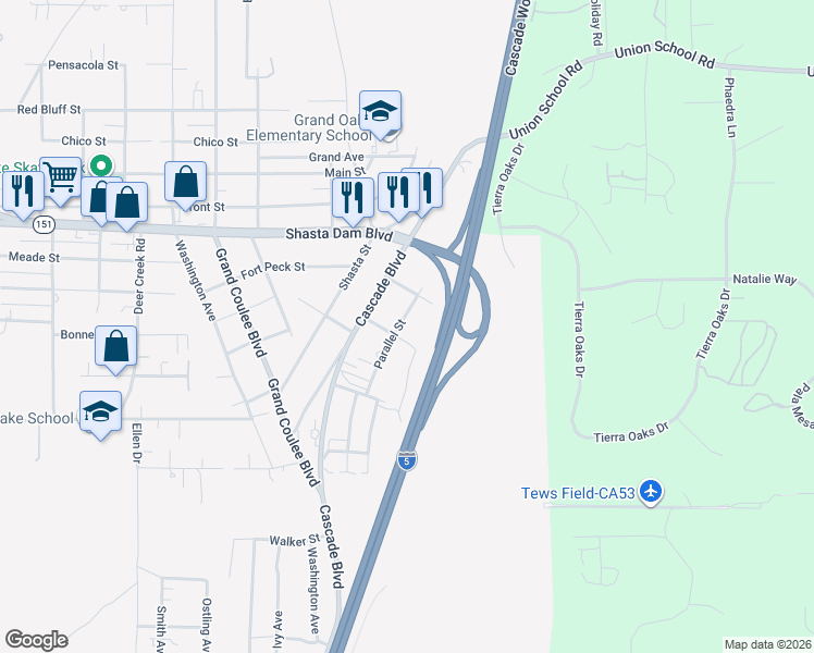map of restaurants, bars, coffee shops, grocery stores, and more near 3rd Street in Shasta Lake