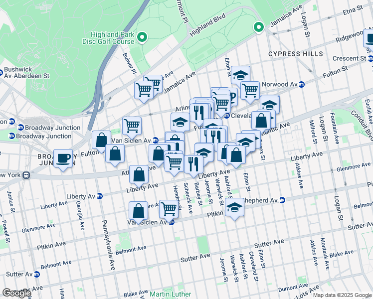 map of restaurants, bars, coffee shops, grocery stores, and more near 2863 Atlantic Avenue in Brooklyn
