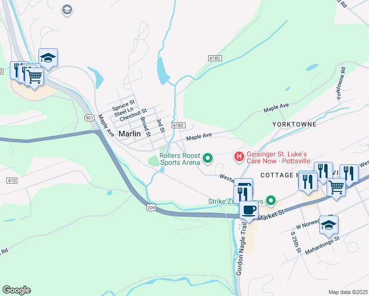 map of restaurants, bars, coffee shops, grocery stores, and more near 4th Street in Pottsville