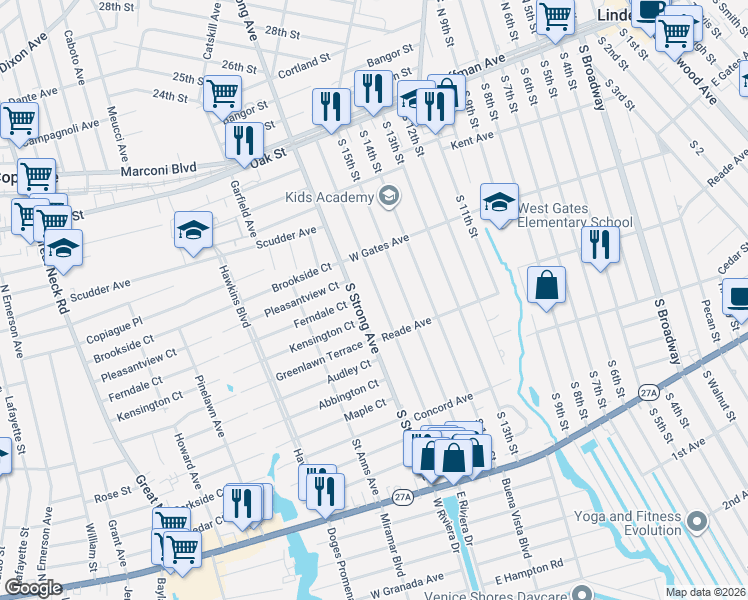 map of restaurants, bars, coffee shops, grocery stores, and more near 361 South 16th Street in Lindenhurst