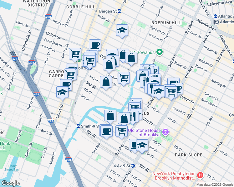 map of restaurants, bars, coffee shops, grocery stores, and more near 155 3rd Street in Brooklyn