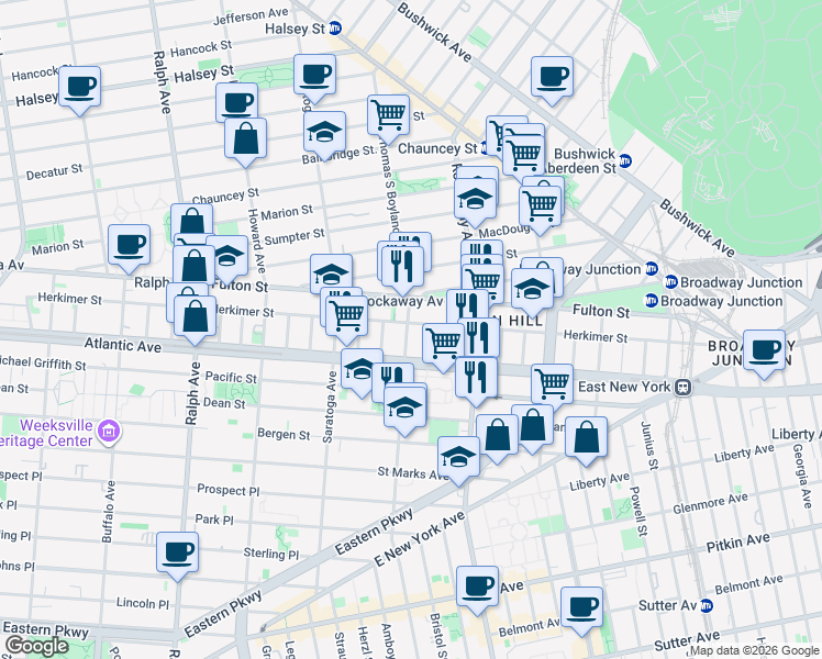 map of restaurants, bars, coffee shops, grocery stores, and more near 2025 Atlantic Avenue in Brooklyn