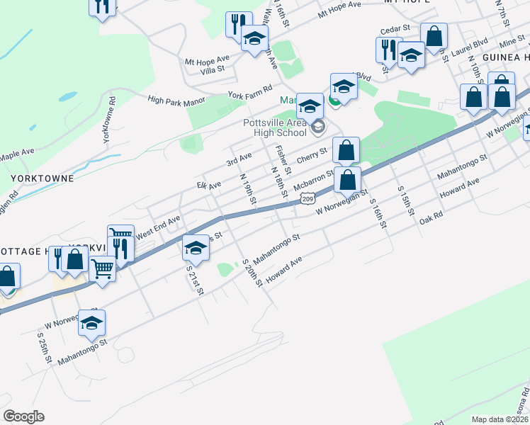 map of restaurants, bars, coffee shops, grocery stores, and more near 1917 West Market Street in Pottsville