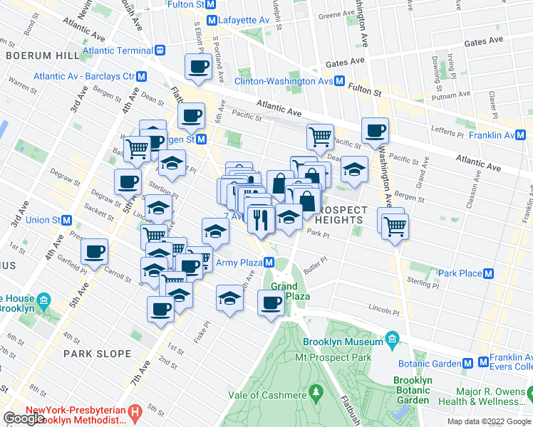 map of restaurants, bars, coffee shops, grocery stores, and more near 189 Park Place in Brooklyn