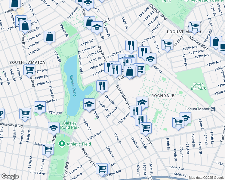 map of restaurants, bars, coffee shops, grocery stores, and more near 161-11 128th Avenue in Queens