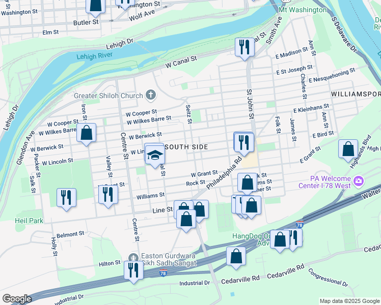 map of restaurants, bars, coffee shops, grocery stores, and more near 631 Seitz Street in Easton