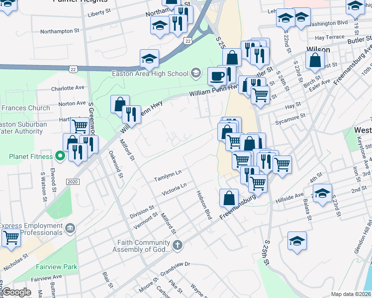 map of restaurants, bars, coffee shops, grocery stores, and more near 2666 Anthony Court in Easton
