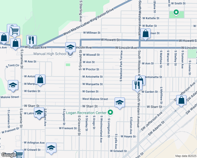 map of restaurants, bars, coffee shops, grocery stores, and more near 2309 West Marquette Street in Peoria