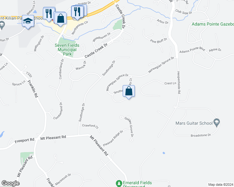 map of restaurants, bars, coffee shops, grocery stores, and more near 154 Southern Valley Court in Mars