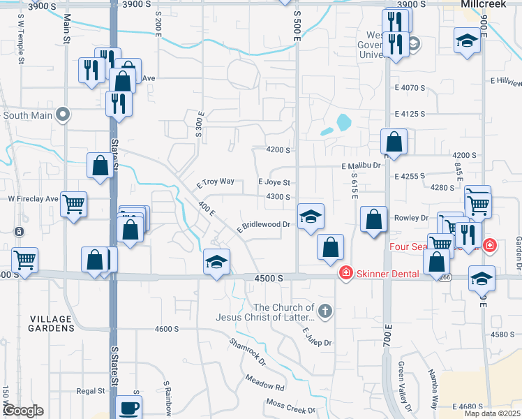 map of restaurants, bars, coffee shops, grocery stores, and more near 431 East Bridlewood Drive in Millcreek